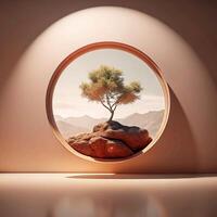 Serene Minimalist Scene with a Tree on a Rock Viewed Through a Circular Window photo