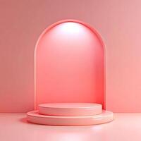 A minimalist pink twotiered display stand in an arched niche with soft lighting photo