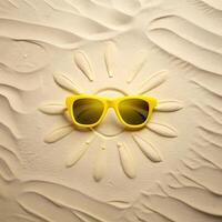 Bright Yellow Sunglasses Resting on a Sandy Beach Sun Design photo