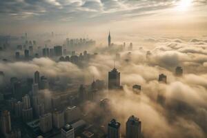 A City Skyline Enveloped in Morning Fog A Stunning Aerial View photo