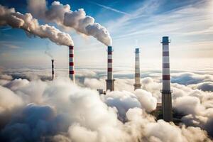Industrial Smokestacks Emitting Pollution into a Cloudy Sky Above a Sea of Clouds photo