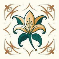 A flower with leaves and a border design on a white background vector