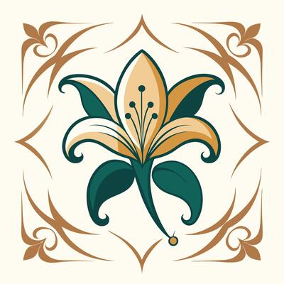 A flower with leaves and a border design on a white background