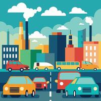 Creative cars driving on the road with factories and factories in the background vector
