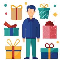 man with gifts and presents on white background vector