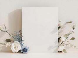 Minimalist Wedding Card Mockup Featuring Empty Space with Decorative Flowers and Greenery Against a Soft Blue Background photo