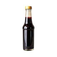 A Glass Bottle of Dark Brown Sauce or Liquid Condiment on White Background photo