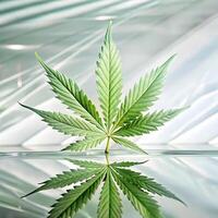 A Single Cannabis Leaf Reflecting on a Smooth Surface in a Studio Setting photo