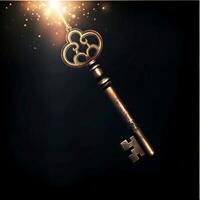 Antique Golden Key with Magical Glimmering Lights in Dark Background photo