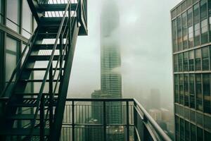 Foggy Cityscape View from a Rooftop Balcony with Metal Staircase photo