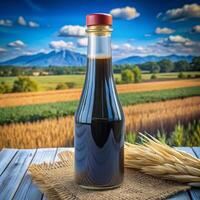 A bottle of dark soy sauce sits on a burlap cloth with wheat stalks in the foreground and a picturesque farm landscape photo