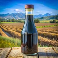 Bottle of Black Vinegar in Rustic Farm Setting with Mountain View photo