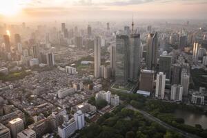 Aerial View of Tokyo Cityscape at Sunset with Skyscrapers and Lush Greenery photo