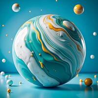 Abstract Swirling Sphere with Gold Accents and Floating Pearls on a Teal Background photo