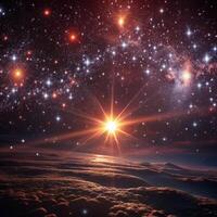Stunning View of a Starry Night Sky Above a CloudCovered Planet photo