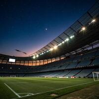 Night view of an empty soccer stadium under a starry sky photo