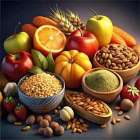 A vibrant and healthy collection of fresh fruits vegetables grains and nuts showcasing nutritious and delicious ingredients photo