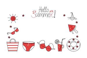 Frame, linear summer icons. Hello Summer slogan. Hand drawn lettering, calligraphy. Set of beach accessories, doodle drawings. Summer vacation by the sea, illustration on isolated background. vector