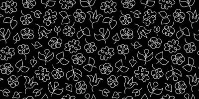 Abstract flowers, leaves. Line art drawing. Seamless botanical pattern, repeating nature background. vector
