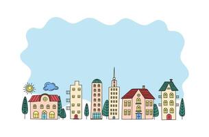 City, houses. Frame, border with space for text. Hand drawn town, trees. Drawing, doodle. Architecture, construction, flat illustration on isolated background. vector