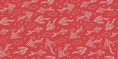 Pattern kites flying sky, clouds. Hand drawn icon, doodle. Kite. Line drawing, sketch. Seamless background. vector