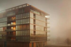 A building in the fog with a foggy sky photo