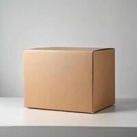A plain brown cardboard box on a white surface against a light gray background photo