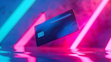 Colorful Mockup of a Credit Card Floating in Vibrant Neon Lights with Reflections on a Glossy Surface photo