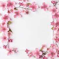 Delicate Pink Flowers Framing a White Background Perfect for Wedding Invitations or Romantic Decor Ideas photo