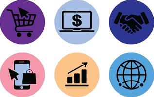 A set of silhouette illustrations representing online business, each enclosed within a circular shape for a clean and professional look. vector