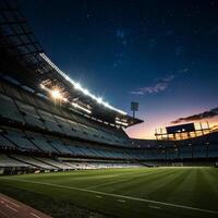 Night view of an empty stadium under a starry sky during sunset photo