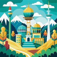Futuristic Cityscape Towers, Domes, Mountains, and Autumn Trees vector
