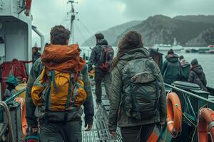 Two people with backpacks walking on a boat photo