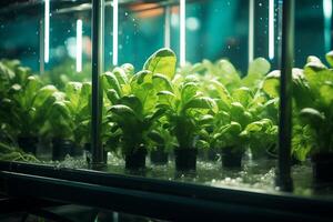 A group of lettuce plants growing in a greenhouse photo