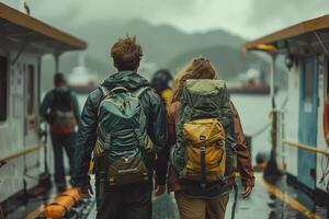 Two people with backpacks walking on a boat photo