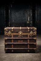 A brown trunk with gold hardware sitting on a floor photo