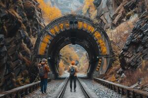 Two people walking through a tunnel with a train track photo