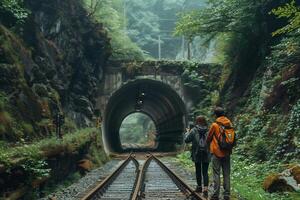 Two people standing on the tracks of a tunnel photo