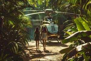 Two women walking towards a helicopter in the jungle photo