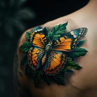 A tattoo of a butterfly on the back of a woman's shoulder photo