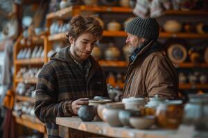 Two men standing in front of a table with pots on it photo