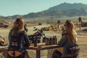 Two women sitting at a table with a motorcycle in the background photo