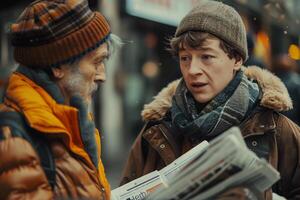 Two men are talking to each other on the street photo