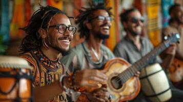 A group of men with dreadlocks playing musical instruments photo