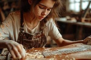 A woman is working on a wooden guitar photo