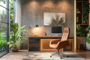 A home office with a desk, chair and plants photo