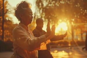An elderly couple practicing tai chi in the sun photo