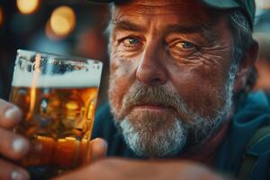A man with a beard and a cap is holding a glass of beer photo