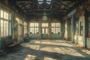 An empty room with a clock on the wall photo