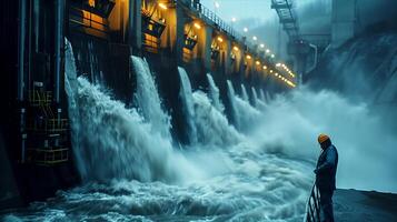 A man standing in front of a dam with water flowing photo
